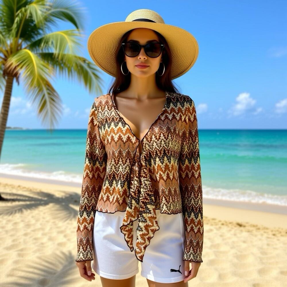 VTG Y2K Artsy Open Cardigan Top L Fairy 90s Boho Net Spring Leafy Hippie Grange